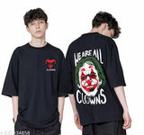 Black cotton blend oversized joker clowns T-shirt with 3/4 sleeves for men, featuring a printed pattern. Size: S (Chest 42in, Length 28in), M (Chest 44in, Length 29in), L (Chest 46in, Length 30in), XL (Chest 48in, Length 30.5in), XXL (Chest 50in, Length 31in) - Made in India