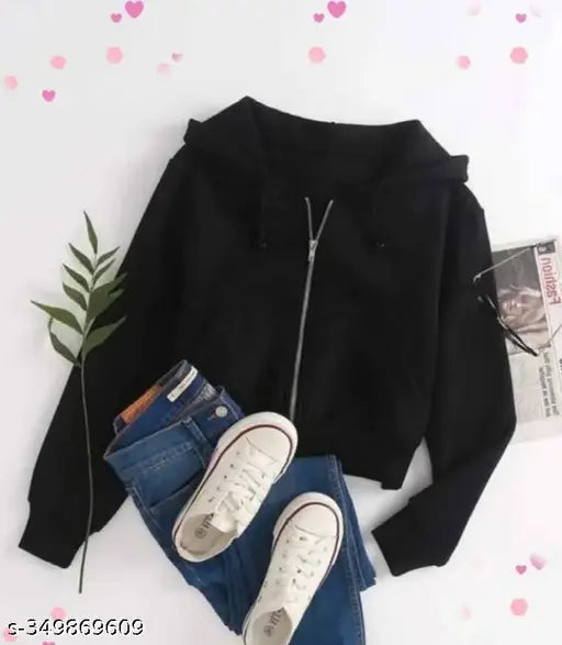 Black fleece cropped zip-up hoodie, solid color, suitable for daily wear and outdoor activities like hiking or jogging. Fits sizes S to XL. Made in India
