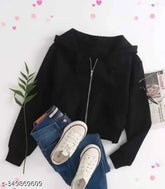 Black fleece cropped zip-up hoodie, solid color, suitable for daily wear and outdoor activities like hiking or jogging. Fits sizes S to XL. Made in India