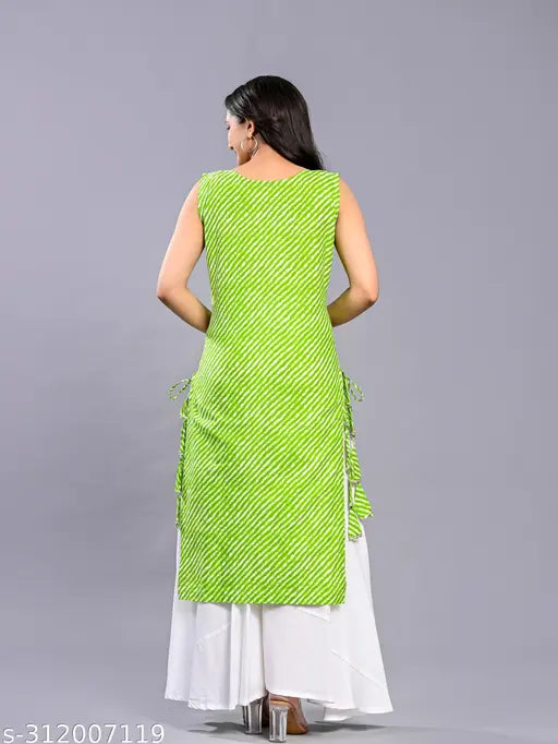 Stitched green Lehriya Kurti with cotton white Palazzo - Ethnic, printed cotton women's designer outfit, sleeveless, featuring intricate detailing and bell-shaped flowers with gotta patti work