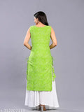 Stitched green Lehriya Kurti with cotton white Palazzo - Ethnic, printed cotton women's designer outfit, sleeveless, featuring intricate detailing and bell-shaped flowers with gotta patti work