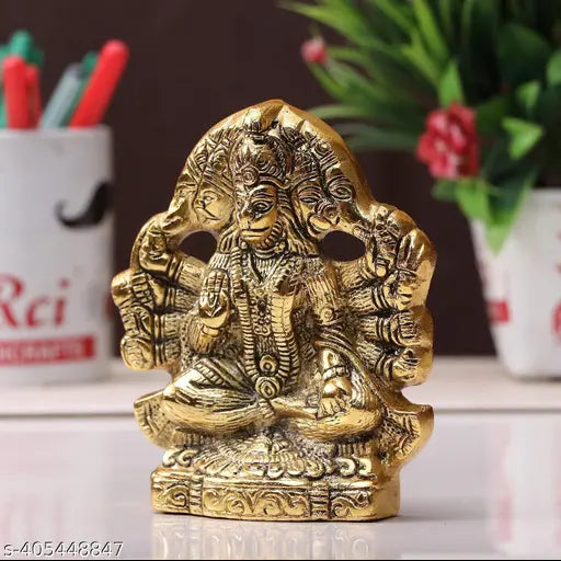Gold-finished Panchmukhi Hanuman Ji Murti statue, Indian handcrafted door entrance showpiece (8cm x 13cm x 2cm)
