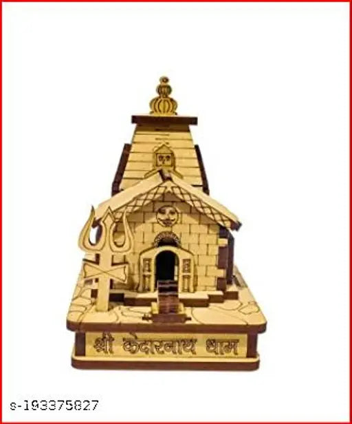Handcrafted wooden Kedarnath Temple with Nandi, perfect for car dashboard decoration or gifting. Measures 9cm x 5cm x 8cm. Authentic Indian artwork