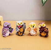 Poly Resin orchestra owl set, playing musical instruments: guitar, violin, flute, accordion. Unique home decor accessories, hand-painted with vivid colors. Handcrafted for durability and stability, perfect for living room, bedroom, office, temple, or garden. Indian-made, eye-catching housewarming gift