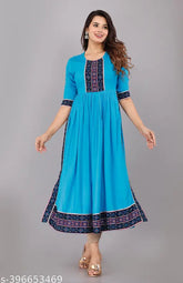 Rayon Naira Cut Dress, three-quarter sleeve printed combo, traditional Indian Sanganeri Kurti for women