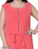 Peach colorblocked polyester sleeveless jumpsuit, modern women's versatile statement piece for office or party wear, made in India