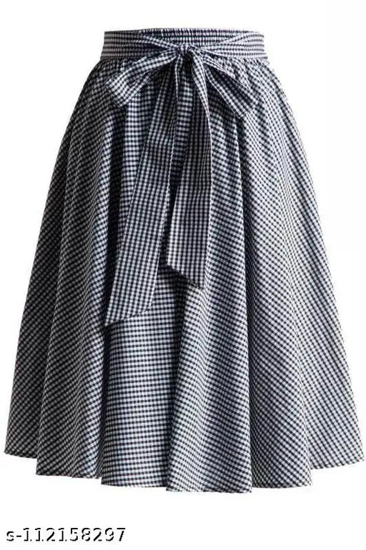 Cotton check knee-length skirt, free size, 28"-44", round umbrella pattern, Indian craftsmanship