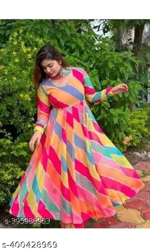 Georgette anarkali long sleeve kurta set with dupatta, traditional Indian party wear for women and girls in various sizes from S to XXL