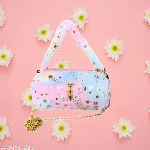 Mini fur sling bag combo, three-piece set for kids. Soft, plush, colorblock fabric with adorable butterfly design. Ideal size for little ones, perfect for any occasion. India origin