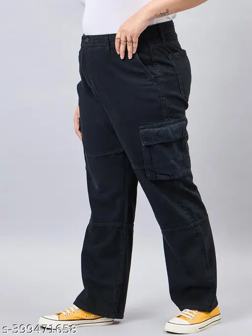 Black women's plus size cargos, relaxed fit & high rise, cotton net, wrinkle-resistant with side flap pockets - versatile vacation or casual wear