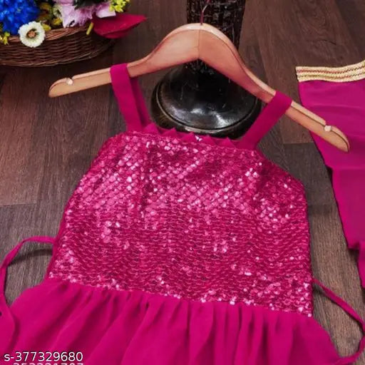 Indian kids' anarkali set with embroidered palazzos and sleeveless top, polyester fabric, multiple sizes from 2-13 years