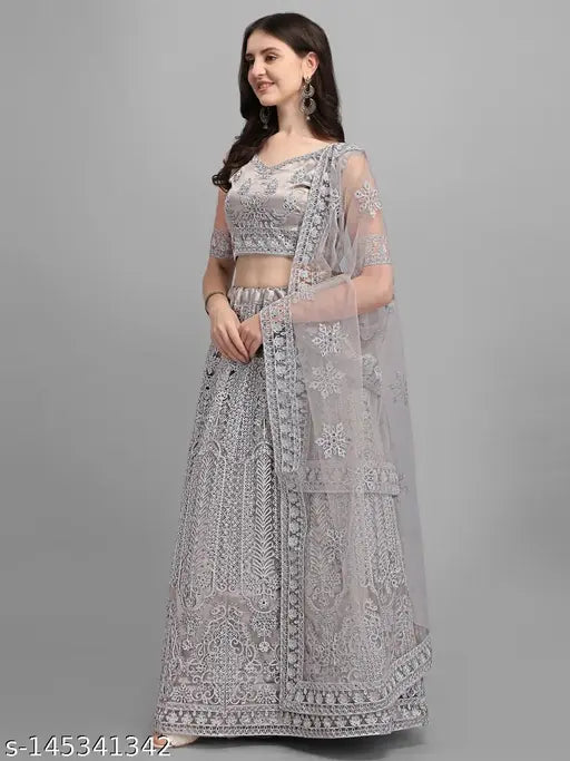Trendy women's semi-stitched net lehenga choli and dupatta with embroidered patterns, India origin