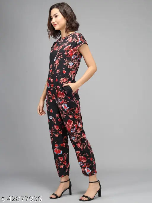 Black crepe jumpsuit with red flower print, trendy women's fashion from India