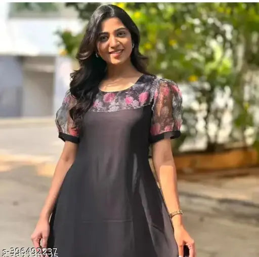 Indian printed georgette and orgenza daily wear kurti with three-quarter sleeves, round neck, and regular fit - perfect for women's partywear
