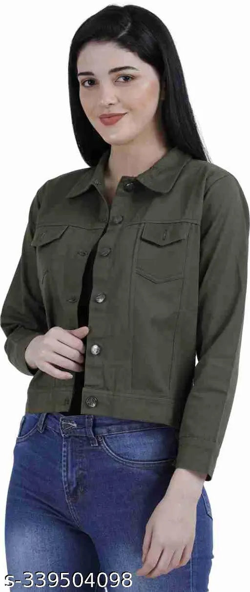 Stylish denim jacket, solid color, three-quarter sleeves. Trendy women's wear made from quality fabric, great for wardrobe additions. Handmade in India