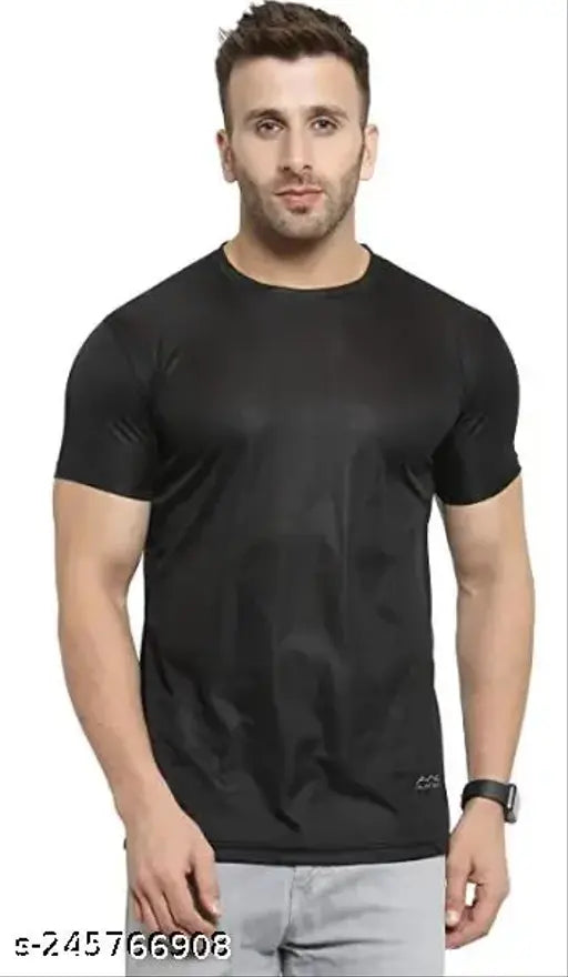 Black round neck t-shirt, 100% polyester, fashionable menswear with short sleeves. Perfect for everyday wear and gym, available in sizes M, L, XL