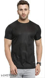 Black round neck t-shirt, 100% polyester, fashionable menswear with short sleeves. Perfect for everyday wear and gym, available in sizes M, L, XL