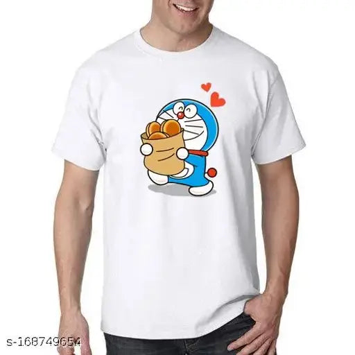 Men's White Doraemon Printed Short Sleeve T-Shirt, polyester fabric, multiple sizes available