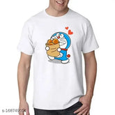Men's white Doraemon printed polyester t-shirt with short sleeves, multicolor design for daily use and gaming. Made in India