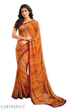 Orange Georgette Bandhani printed saree with separate blouse piece for daily wear, new fashion trend in party wear saris under 500 Rupees, striped chitrakara design on chiffon blouse, Indian origin
