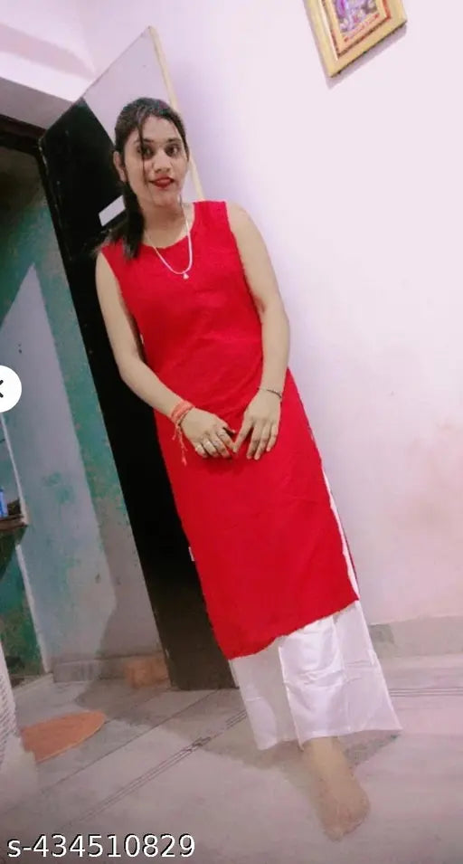 Red rayon kurta with off-white palazzo set, two pieces for daily and casual wear by Vani Apparels