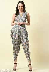 Digital owl print maxi dhoti jumpsuit, sleeveless crepe on Indo-Western party wear for women