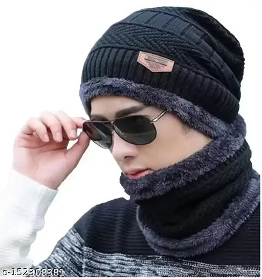 Woolen black beanie cap for men, warm and stylish winter wear