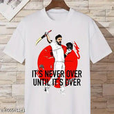 White polyester cricket t-shirt with Virat Kohli, Dhoni, Rohit India jersey printed design for boys, round neck and short sleeves