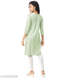 Green woolen Chikankari three-quarter sleeve kurti for women, Karanchi fleece winter wear on mannequin