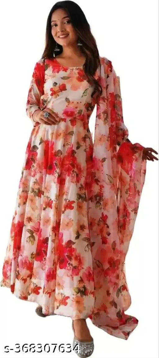 Georgette 143 AAROHI white kurta with dupatta, long-sleeved printed Indian outfit on mannequin
