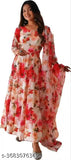 Georgette 143 AAROHI white kurta with dupatta, long-sleeved printed Indian outfit on mannequin