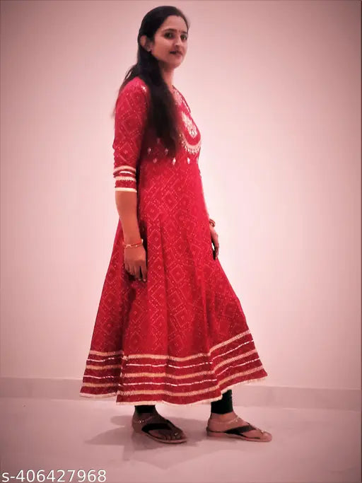 Pink embroidered cotton rayon Anarkali Kurta with khata pattern, three-quarter sleeves. Women's traditional Indian clothing, pure cotton fabric