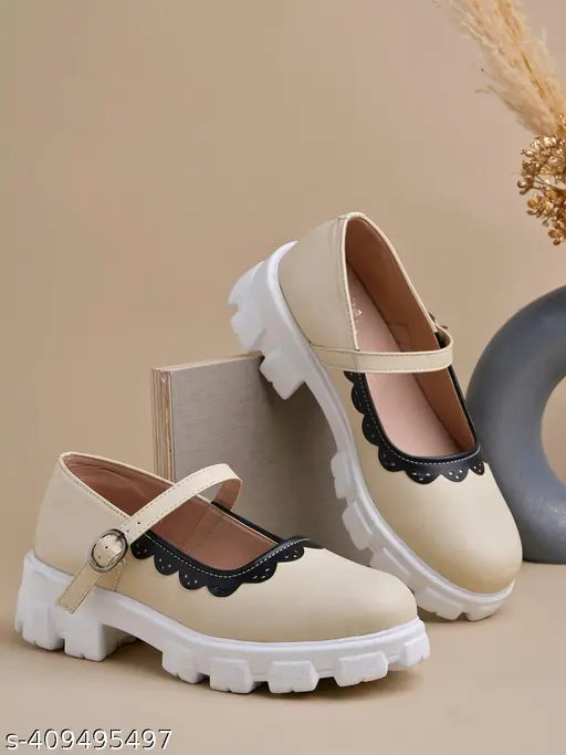 Cream synthetic round toe Mary Janes with side buckle & white lace detailing - women's & girls' shoe from Shoetopia, Made in India
