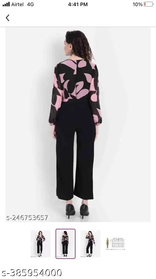 Long sleeve printed net jumpsuit in georgette fabric, stylish women's clothing from India