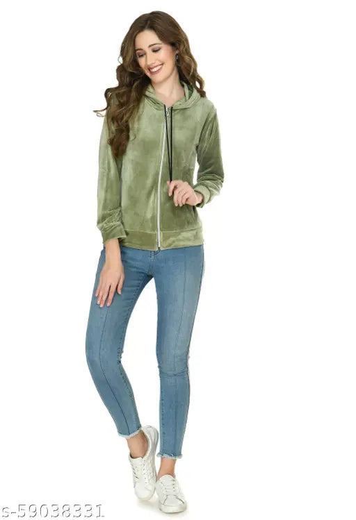 Olive velvet, long-sleeved solid casual jacket for women (DeeNayra)