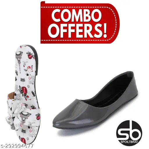 Grey & White patent leather ballerina slippers for daily, office, party wear - ladies and girls footwear