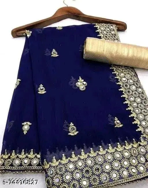 Embroidered Georgette mirror saree with separate dupion silk blouse, Indian fancy saree for women in free size (5.5m/0.8m)