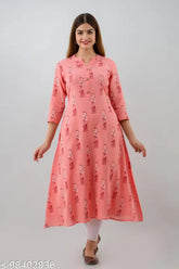 Printed Rayon Anarkali Pink Kurti for Women & Girls, three-quarter sleeves, vibrant pattern - India