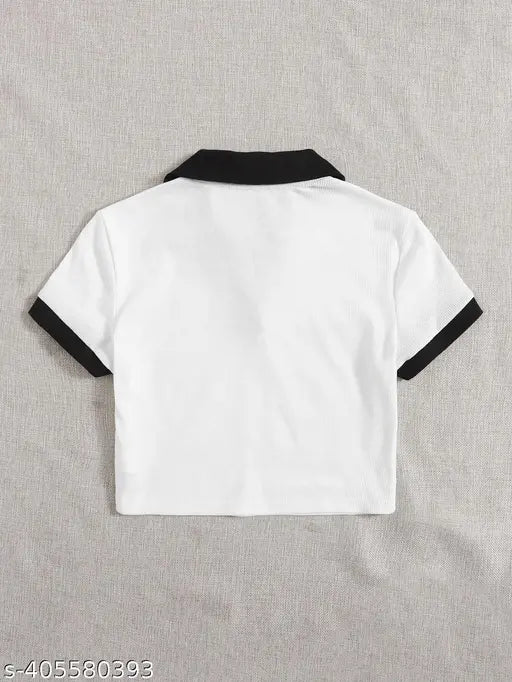 Contrast collar print cotton t-shirt, short sleeves, solid pattern, XS (34in bust, 16in length), India origin