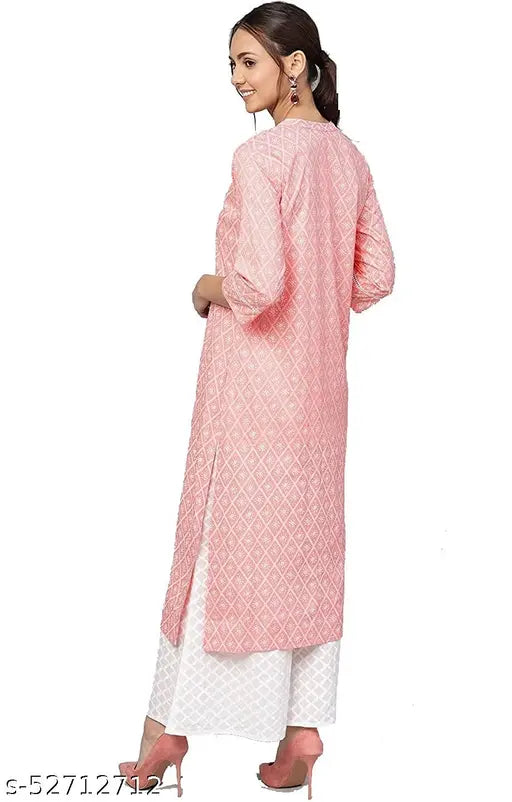 Peach printed rayon straight kurti with palazzos set, modern Indian women's fashion