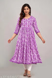 Purple Rayon Anarkali Kurta with side slits, suitable for daily, party, casual, and office wear. Printed pattern on comfortable rayon cotton fabric. Available in S, M, L, XL, XXL, 3XL sizes