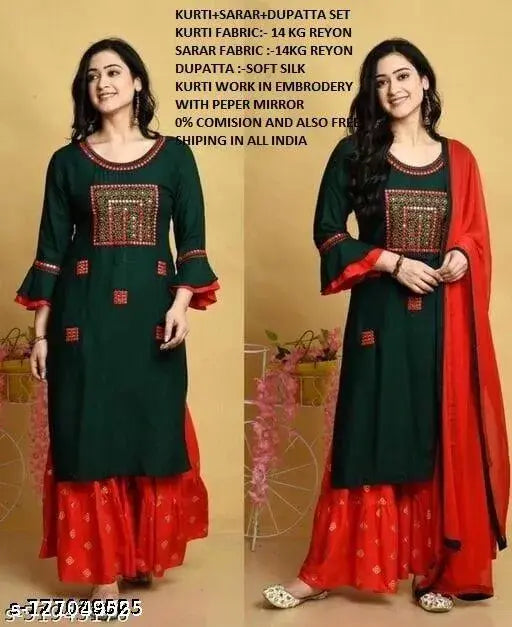 Green & Red Rayon Kurta Set with Dupatta - Embroidered traditional Indian ethnic wear for women in soft colors, perfect for regular wear and featuring three-quarter sleeves, tie up sleeves, mandarin collar, and full sleeves