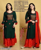 Green & Red Rayon Kurta Set with Dupatta - Embroidered traditional Indian ethnic wear for women in soft colors, perfect for regular wear and featuring three-quarter sleeves, tie up sleeves, mandarin collar, and full sleeves
