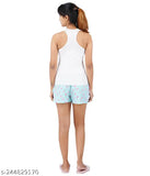 White cotton ladies' lounge set with printed net design, featuring tank top and shorts, ideal for relaxation and casual wear. Breathable, comfortable, and water-resistant cotton fabric from India