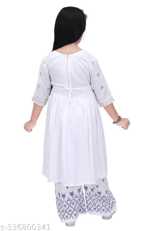 White Rayon Kid's Naira Cut Kurta set, A-line Palazzos, vibrant print & embroidery