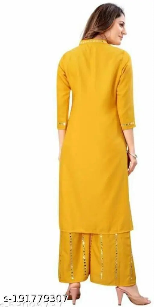 Mirror work rayon kurta set with palazzos, solid net and three-quarter sleeves
