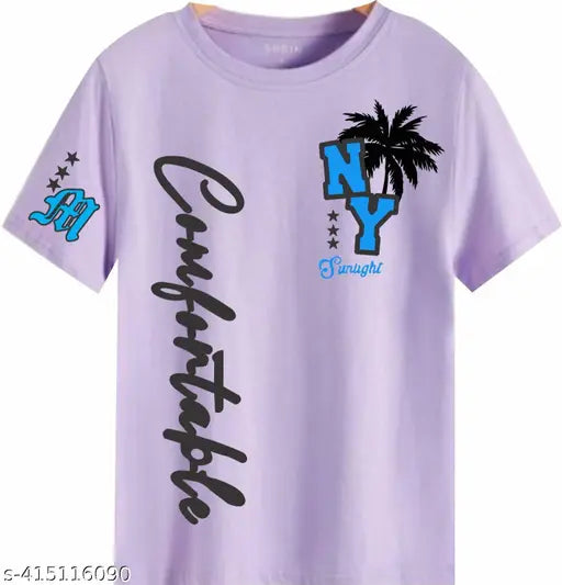 Lavender cotton blend men's printed T-shirt, trendy and versatile NY design
