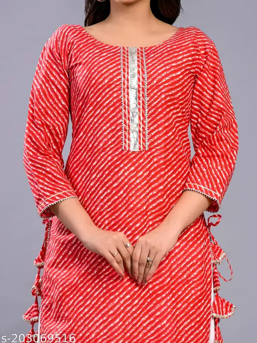 Red lehriya kurta set with palazzos: Breathable cotton, traditional print, versatile fit