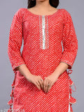 Red lehriya kurta set with palazzos: Breathable cotton, traditional print, versatile fit