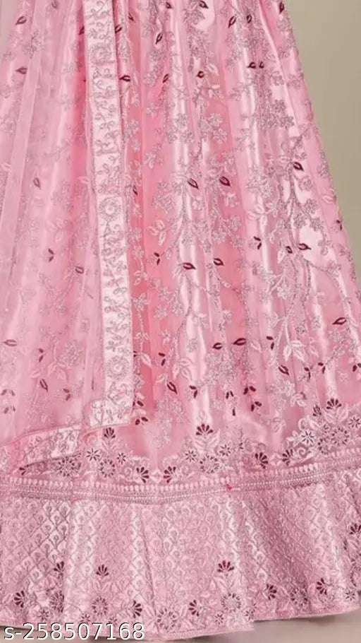 Pink net lehenga choli set with dupatta and semi-stitched blouse, Indian designer embroidery work. Free size, suitable for normal occasions, parties, festivals, or casual events. Best gift for loved ones. High-quality fabric, long flair lehenga design